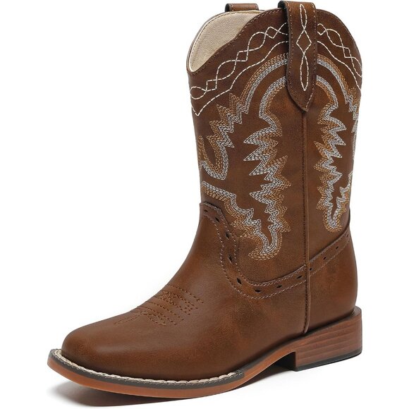 ⚡Kids Brown Synthetic Cowboy Western Riding Shoes Square Toe Wide Calf Boots - Picture 1 of 8